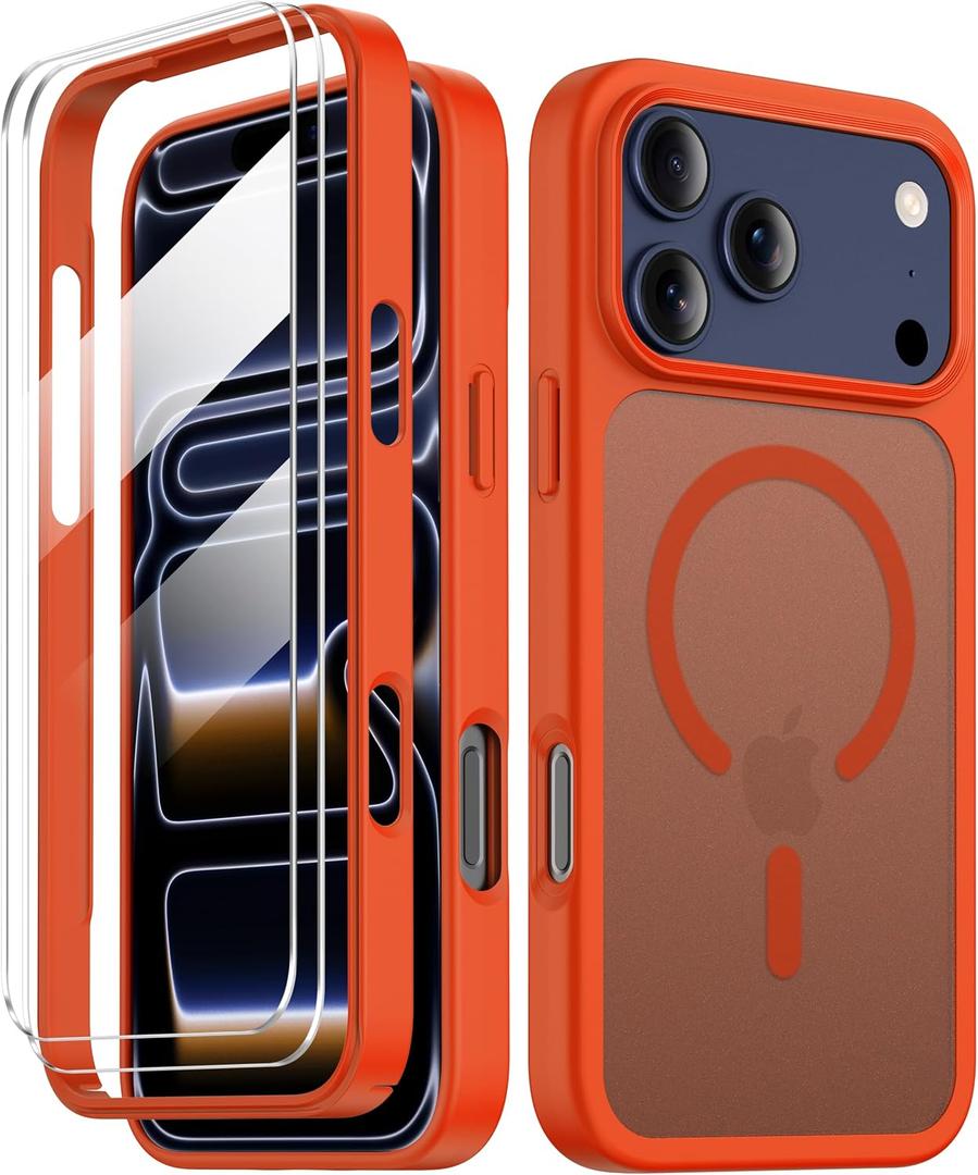 COOLQO for iPhone 17 Pro Case with Screen Protectors, Compatible with MagSafe, Military Grade 17FT Drop Protection, Shockproof Protective Dual-Layer Magnetic Translucent Matte Phone Cover, Orange