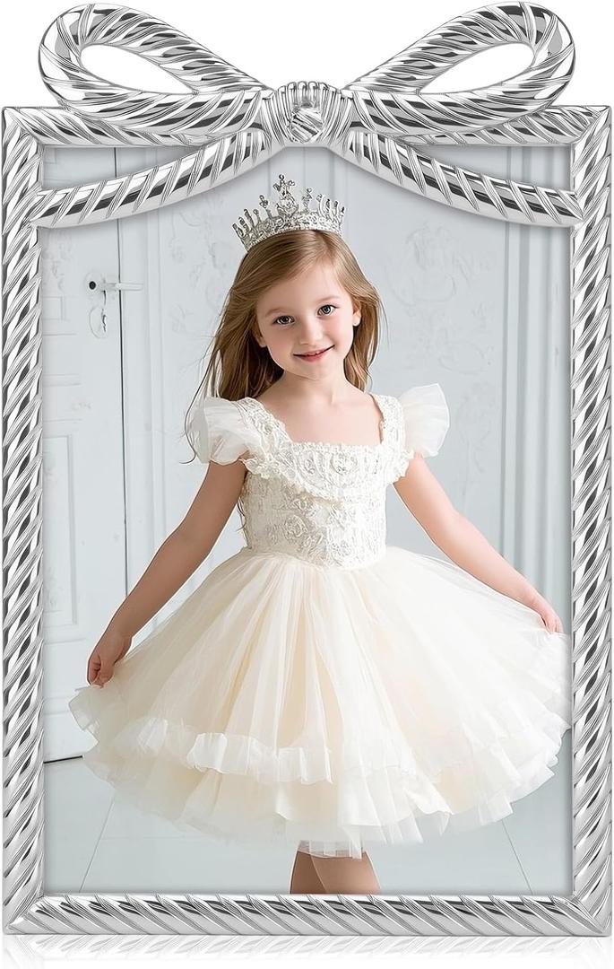 Bow Silver Picture Frames 5x7,Vintage Rope Design Metal Picture Frame Cute Bow Photo Frames For Tabletop And Wall Hanging(Silver, 5X7)