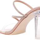 Vivianly Womens Square Toe Clear Rhinestone Strappy Heeled Sandals Transparent Block High Heels Slides Slipper Wedding Dress, 9