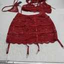 Ladies & Men's story Women Underwire 3 Piece Sexy Lingerie Collared Stretch Bustier & Garter Skirt Strappy Lace Bra Panty Set (M, Red)