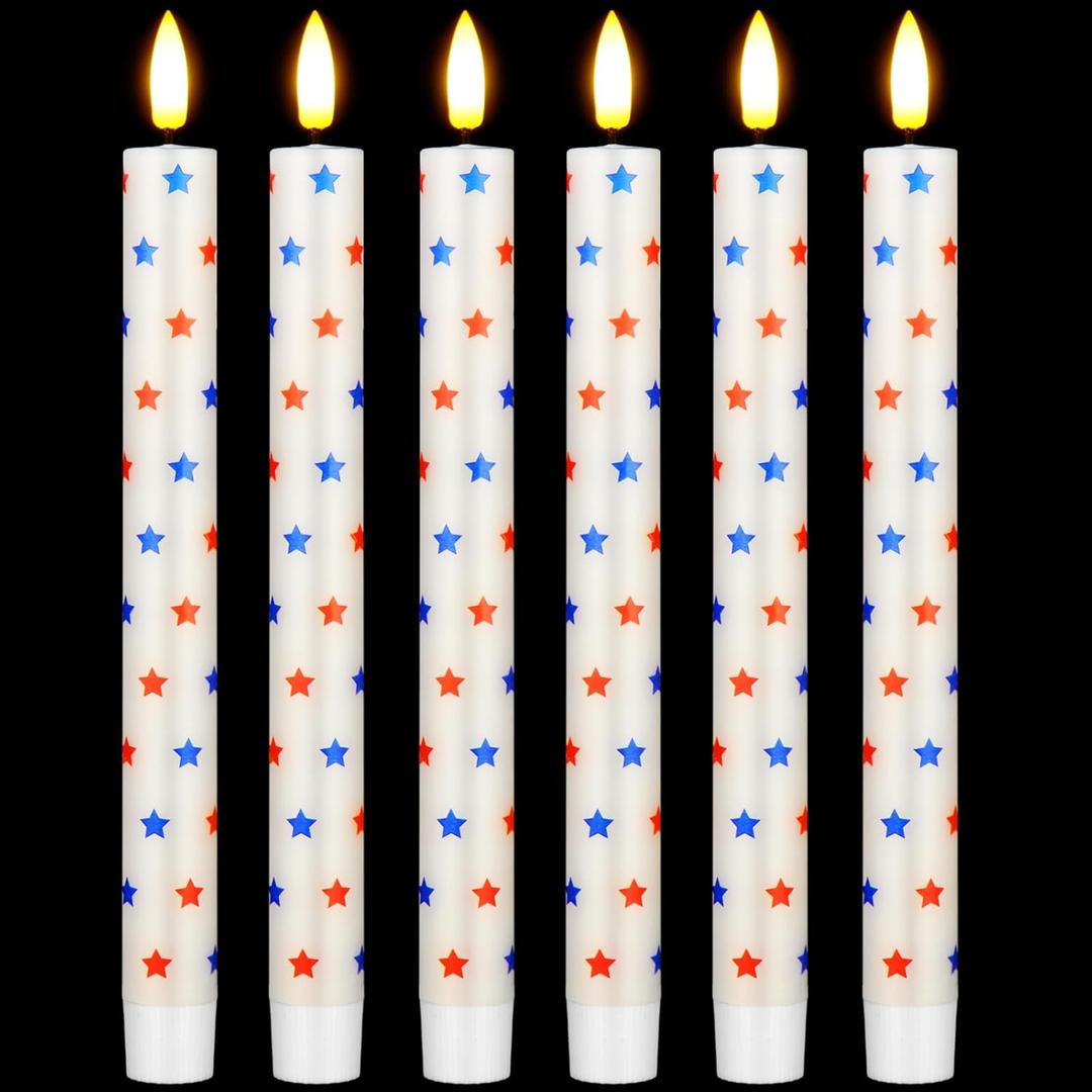 Rossesay 6 Pcs 4th of July Candles 250th Anniversary Flameless Taper Candles Patriotic White Red Blue Star Wax American Independence Day Battery Operated LED for Home Decoration(Star)