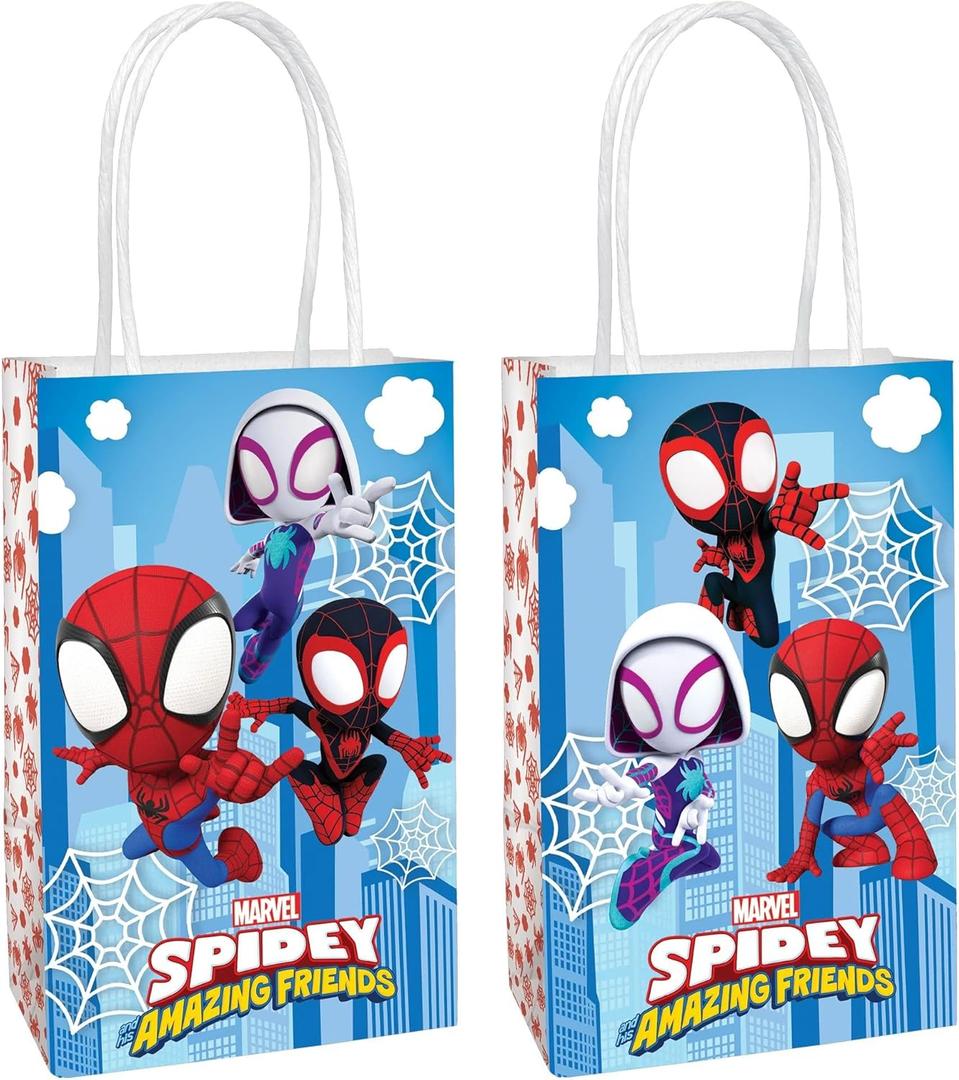 Printed Paper Kraft Bags - 8.25" x 5.25" x 3", 8 Pieces - Perfect for Parties, Gifts & Goodies, Spidey & His Amazing Friends