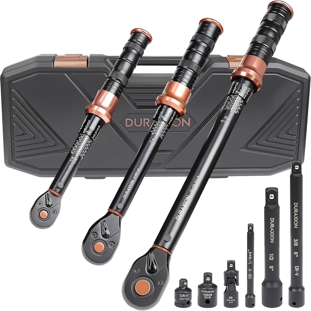 9PCS Torque Wrench Set, 3% Precision Dual-Scales(1/4"-20-240in-lb, 3/8"-5-50ft-lb, 1/2"-10-170ft-lb), 72 tooth Dual-direction Torque Wrenches for Bike, Motorcycle, Car and Truck Maintenance