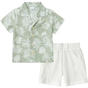 YALLET Toddler Boy Clothes Summer Outfits Short Sleeve Button Down Shirt+Shorts Baby Boy Beach Casual Clothe 1-5 Years (2-3T, Light Green Print)