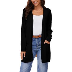 Women's 100% Cotton Lightweight Open Front Cardigans with Pockets Oversized Knit Casual Sweaters Outwear (X-Large, Black)