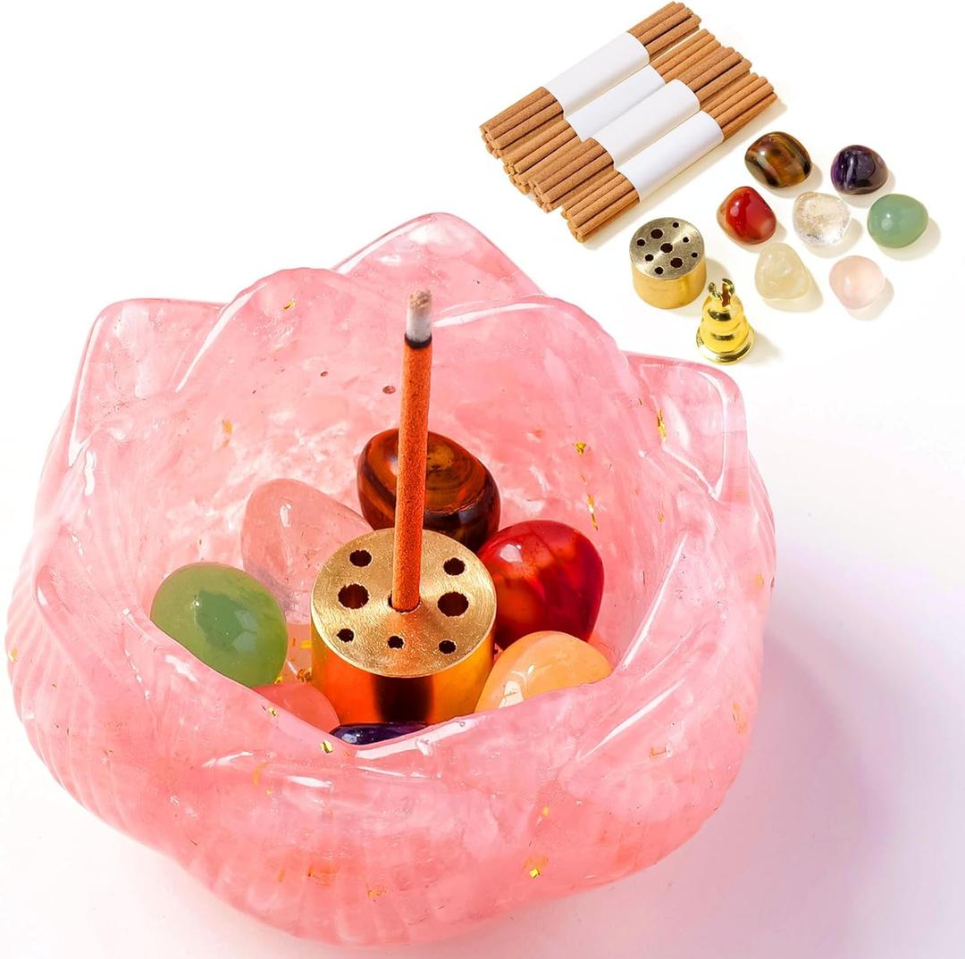 Incense Holders 40 Incense Sticks Rose Quartz Resin and Crystal Lotus Burner Soothe The Nerves Removable Ash Collector for Meditation, Yoga & Spiritual Home Decor (3.15")