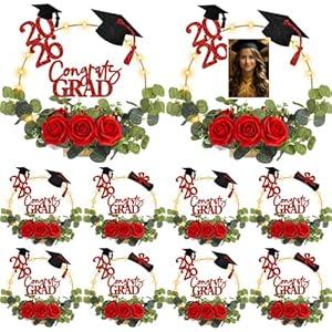 Yunsailing 8 Set 2026 Graduation Centerpiece Class of 2026 Table Photo Display Stand Decor with 8 Hoop Centerpiece 16 Toppers 48 Artificial Flowers and Leaves for Grad DIY Craft Party (Red)
