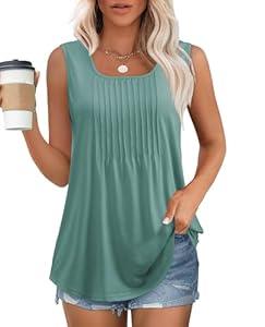 Womens Tank Tops Plus Size Dressy Casual 2025 Loose Fit Summer Tunic for Women Sleeveless Flowy Pleated Front Tops Work Formal Classy Western Flattering Street Wear Green S