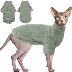 Idepet Sphynx Hairless Cats Sweater Shirt Kitten Soft Puppy Clothes Pullover Cute Cat Pajamas Jumpsuit Cotton Apparel Pet Winter Turtleneck for Cats and Teacup Chihuahua Small Dogs, (Green,Large)