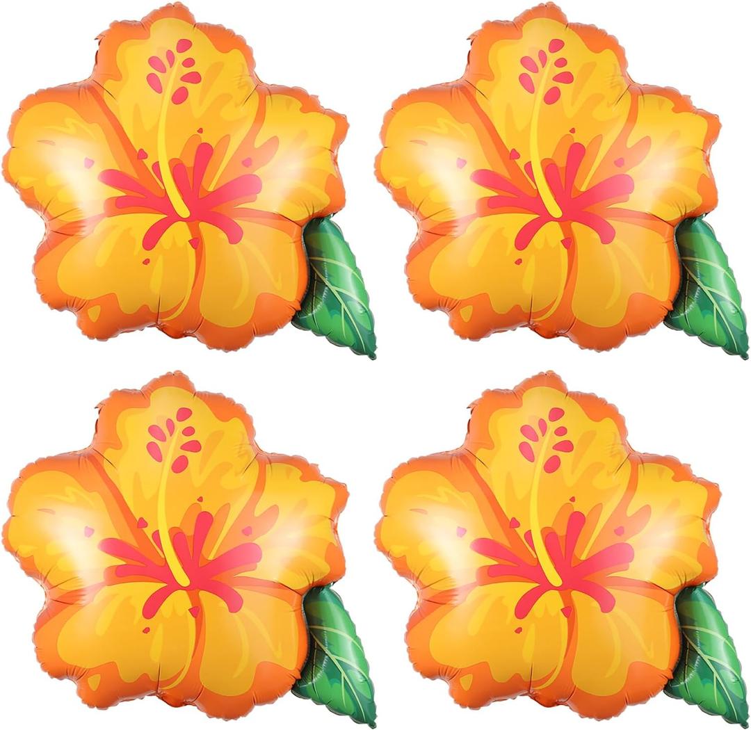 4Pcs Tropical Summer Foil Balloons, 23.6inch Yellow Orange Hibiscus Flowers Balloon for Magic Theme Hawaiian Flamingo Summer Luau Aloha Birthday Party Decorations