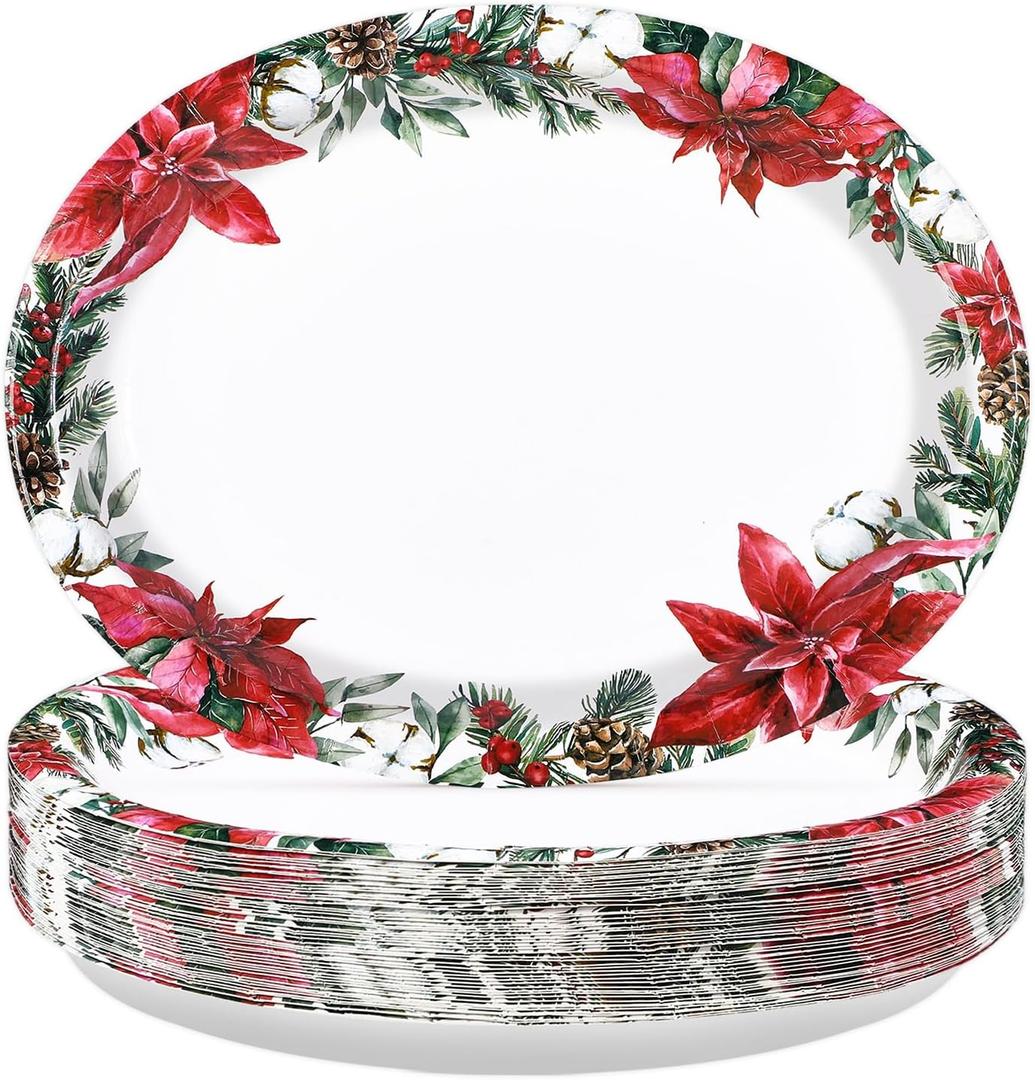 Grencian 50 PCS Winter Oval Paper Plates 10" x 12" Large Heavy Duty Poinsettia Flower Plates Disposable Poinsettia Pine Platter Tableware for Xmas Wedding Birthday Christmas Party Supplies