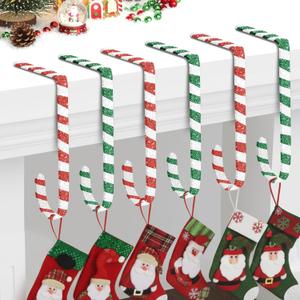 Duraaamo 6 Pcs Glitter Christmas Stocking Holders Candy Cane Shaped Peppermint Stocking Holders Fireplace Holder with Strips Mantel Hanger Hooks Grips for Decor(Red and White, White and Green, Small)