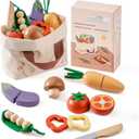 ROBOTIME Wooden Play Food Cutting Vegetable Set, Pretend Play Toy Food for Play Kitchen with Shopping Bag  Kids Kitchen Accessories, Wooden Veggie Toys for Boys & Girls