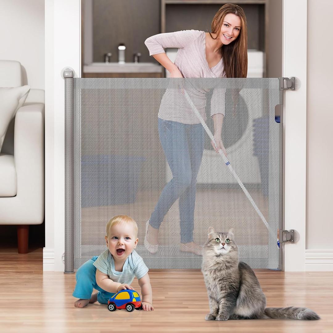 No-Drill Retractable Baby Gates for Stairs with Auto-Lock,41" Extra Tall,Extends up to 55" Wide Mesh Baby Dog Pet Cat Gate with Double Lock for Doorways,Child Gate for Hallways Kitchen Indoor Outdoor