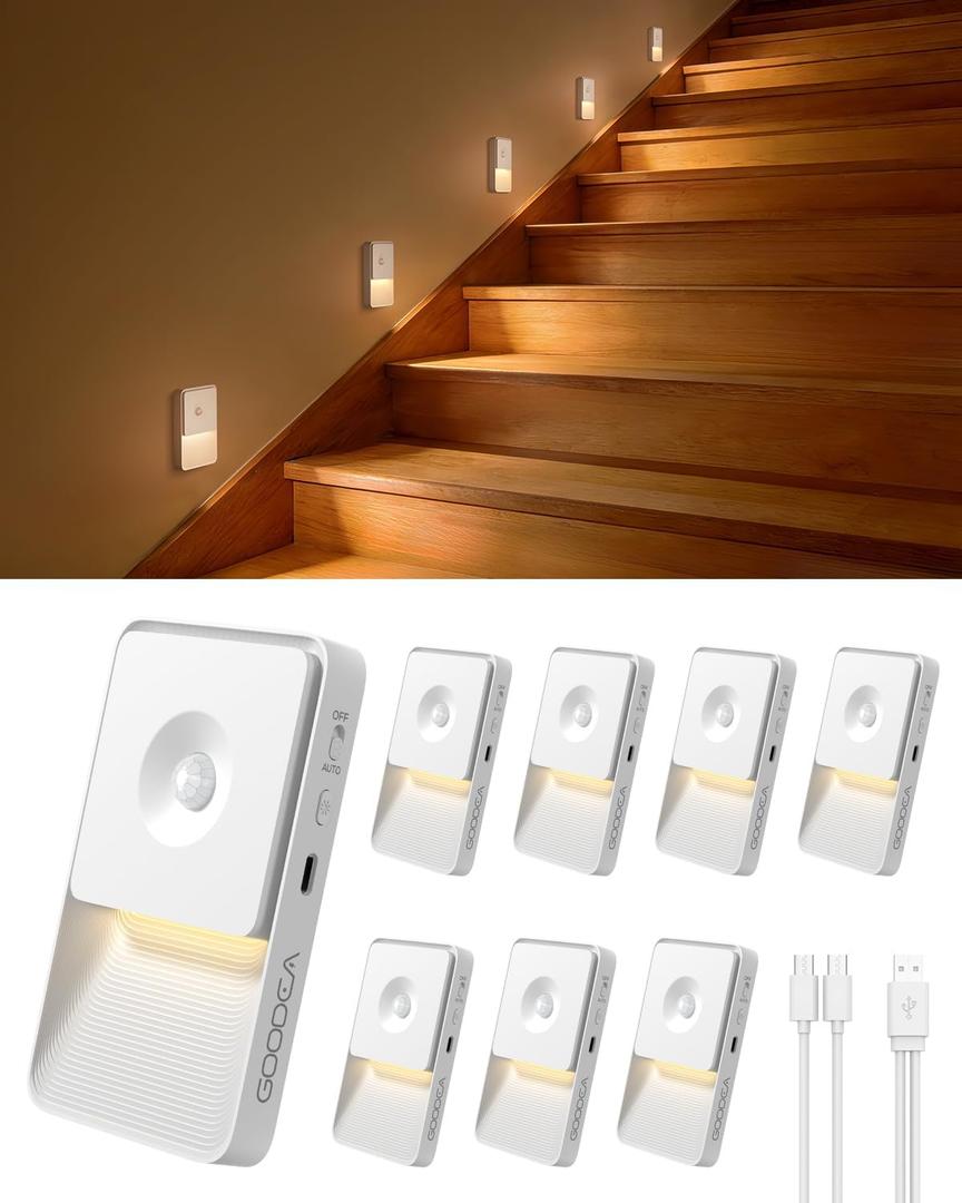GOODEA Rechargeable Motion Sensor Night Lights for Stairs, Magnetic Stair Lights Indoor, Warm Dimmable Night Light for Hallway,Bathroom,Bedroom,Closet(8Pack)