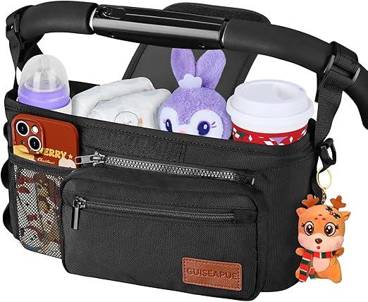 Guiseapue Universal Stroller Organizer with Cup Holder: Baby Essentials, Stroller Caddy Accessories with Detachable Phone Bag, Non-Slip Straps, Fits for Uppababy, Baby Jogger, New Moms Baby Gifts, Single Stroller, Black