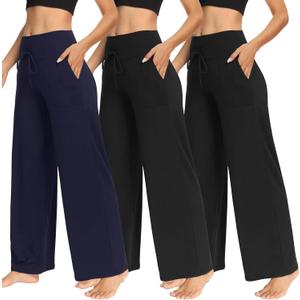 TNNZEET 3 Pack Women's Wide Leg Pants with Pockets - Casual Loose Yoga Trouser Pants Sweatpants Palazzo Lounge Pajama Pants (Medium, Black, Black, Navy Blue)