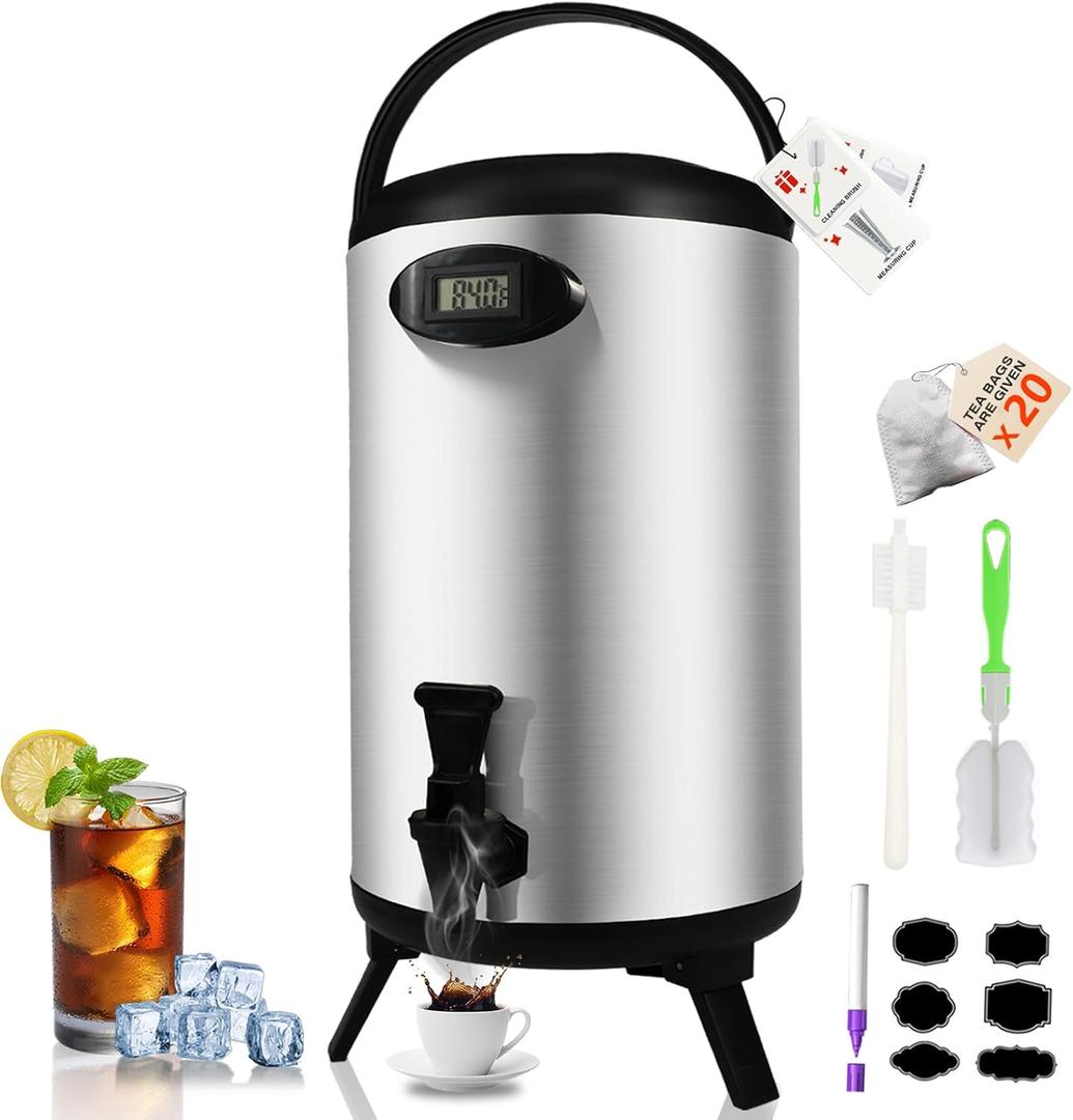 Insulated Beverage Dispenser 2.2 Gallon - Thermal Hot Beverage Dispenser, Hot and Cold Drink Dispenser with Spigot for Hot Water Coffee Chocolate Tea Cold Milk Cocoa, Silver (Non-electric),NN