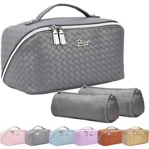 BOYATU Travel Makeup Bags for Women: 3 Piece Make up Bags Set - Large Cosmetic Bag - Vegan Leather Makeup Organizer - Portable Toiltery Bag with Divider & Handle (L05 Grey)
