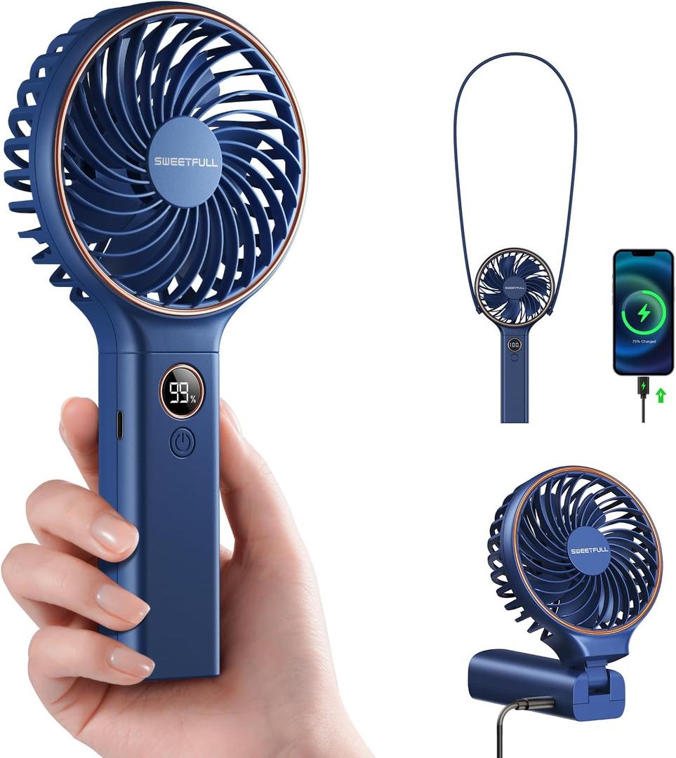 SWEETFULL Handheld Portable Fan, 5000mAh Rechargeable Battery, 6 Speed Wind, LED Digital Display, Foldable Electric Personal Mini Travel Fan with Backup Power, Summer Essentials Gifts for Women Girl (Dark Blue)