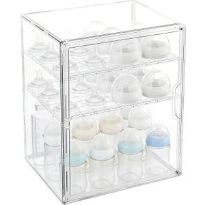 Baby Bottle Storage Organizer for Countertop, 3 Tier Acrylic Bottle Storage Organizer Container, Features 2 Removable Partitions and a Magnetic Door, Suitable for Countertops and Cabinets (M)