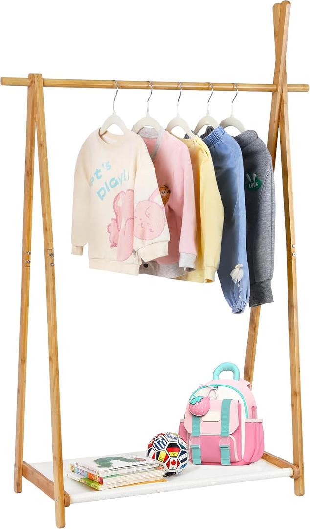 Jotsport Bamboo Kids Dress Up Rack Foldable Kids Clothing Rack with Farbic Storage Small Open Wardorbe Closet for Play Room, Nursery, Baby Shower
