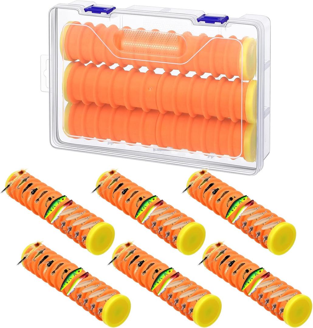 6 Pcs Fishing Leader Holder Snell Hook Storage with 72 Line Slots Organizer Fishing Storage Tackle Organizer and Keeper Rigger for Walleye Catfish (Orange)