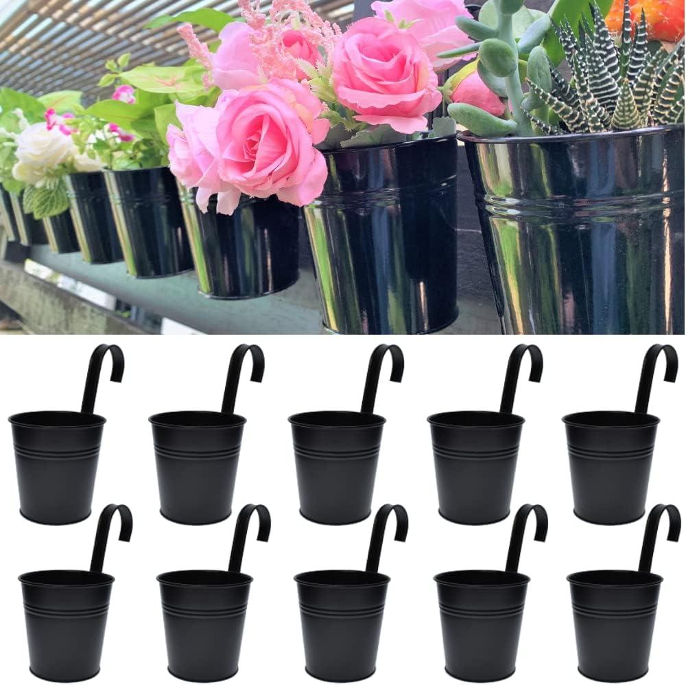 LaLaGreen Railing Planter Pack of 10, 6 Inch Hanging Flower Pot Black, Outdoor Large Metal Iron Fence Bucket, Balcony Garden Wall Deck Porch Patio Rail Decor Hanger Hook Farmhouse Balcony 6'''' (15cm)