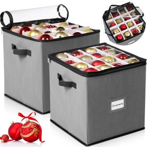 CHENGU 2-pack Christmas Ornament Storage Stores up to 64 Christmas Ball Accessories Holder with Adjustable Dividers, Zippered Closure Two Handles for Holiday Ornaments and Xmas Decorations(Grey)