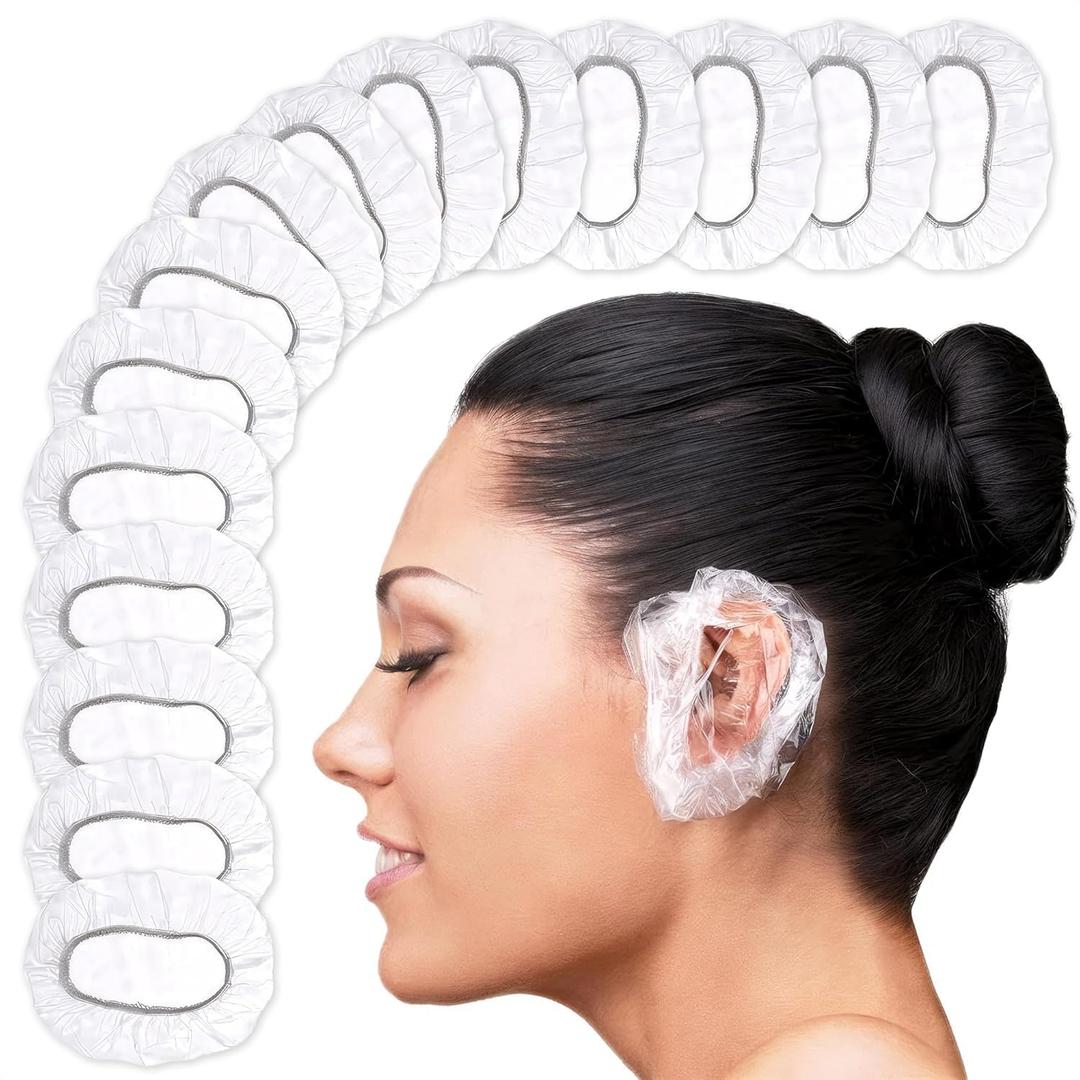 200 Pcs Ear Covers for Shower 1.97x0.7" Disposable Ear Covers for Hair Dye, Stretchable up to 4.6" Splash-Resistant, Lightweight Plastic, Comfortable to Wear | Suitable for Home, Spa, and Travel