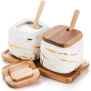 Dicunoy 2 Pack Ceramic Sugar Bowl with Lids and Spoons, Salt and Sugar Container, White Porcelain Sugar Coffee Container, Condiment Spice Pots with Wooden Tray for Bar Table, Kitchen, Countertop
