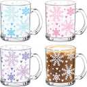 Whaline 4Pcs Christmas Snowflake Glass Coffee Mug Set 12 Oz Winter Snowflake Glass Cups with Handle Xmas Winter Holiday Gifts Clear Drinking Wine Beverage Glasses for Hot Cold Drinks Water Tea Milk