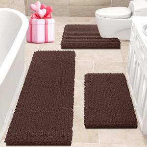 ACCUMTEK Upgrade Extra Large Brown Bathroom Rug Set 3 Pieces Ultra Soft, Thick Absorbent Bath Mats, Non Slip Chenille Toilet Mat for Bathroom, Bedroom, Kitchen, Dark Coffee (48"x20"+ 24"x17"+ U Shape 20"x24")