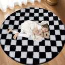 Super Soft Rug, Round Rug for Bedroom, 5X5 Ft Black and White Checkered Round Rug Non-Slip High Pile Cute Soft Fluffy Rug for Living Room Bedroom Kids Room