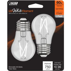 Feit Electric BPA1560927CAWFIL/2 Soft White Exposed White Filament LED Light Bulb, Box of 2 Bulbs; 8W; 2700K; E26 Base; 750 Lumens; Dimmable; 90 CRI; 15000 Rated Life Hours; 120V; 1.8" MOD; 3.2" MOL
