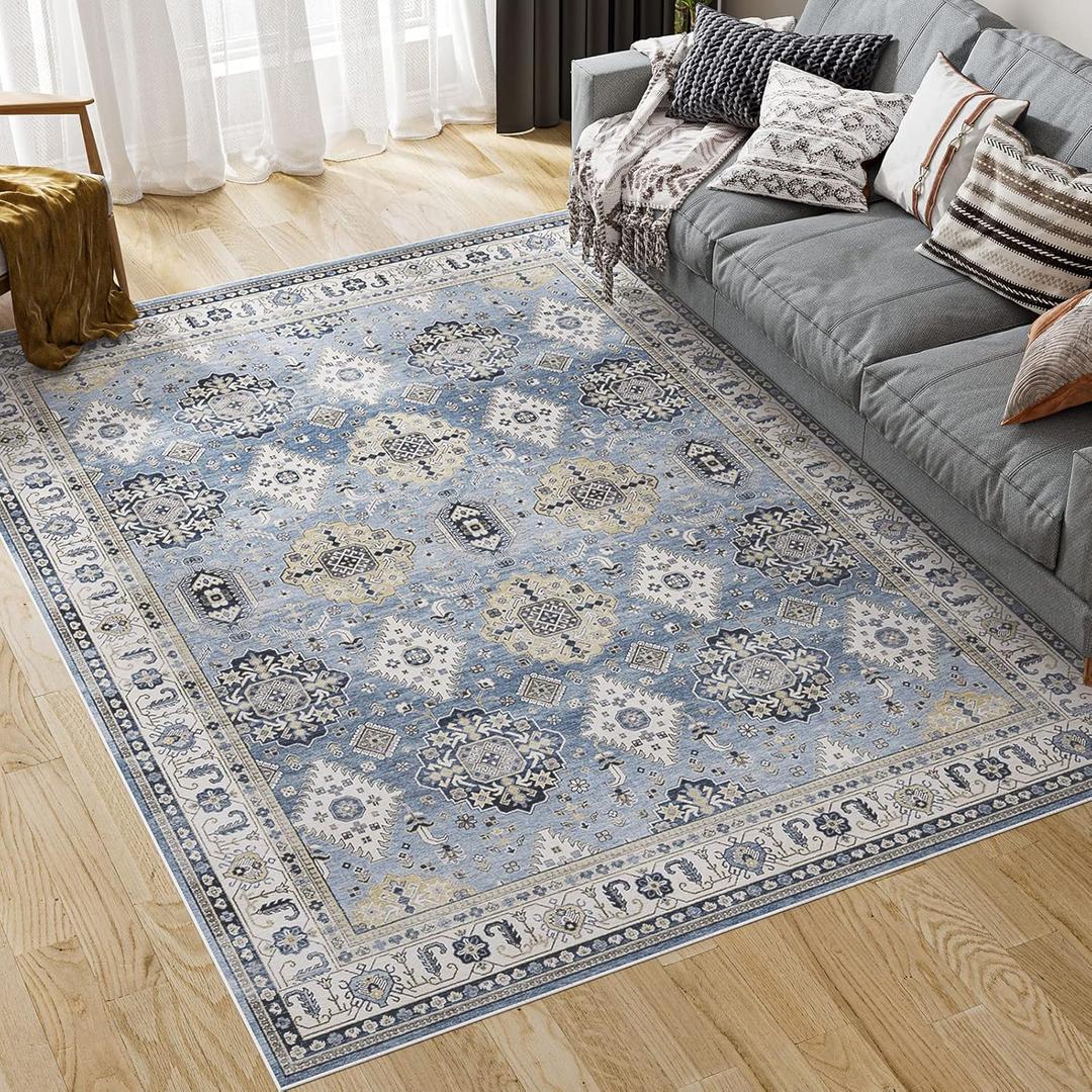 Dripex Washable Area Rug 6x9 Living Room Rug Stain & Water Resistant Foldable Thin Vintage Rugs Faux Wool Floor Carpet for Bedroom Dining Room Kitchen Bathroom Farmhouse Office (Blue/Gold)