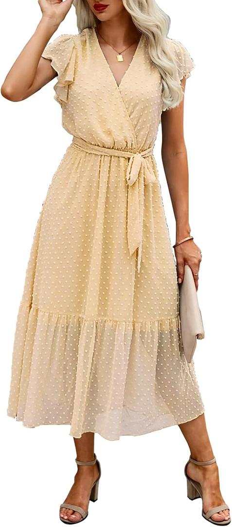 BTFBM Women Summer Bohemian Floral Casual Wrap V Neck Ruffle Cap Sleeveless Belt A-Line Pleated Hem Midi Sun Dress White, L