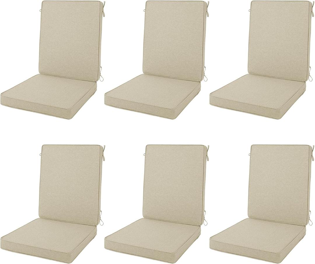 Outdoor Chair Cushions 20x20, Water-Resistant & Fade-Resistant, Patio Furniture Lawn Dining Chair Seat Replacement with High Back, Ties Zipper, Removable Cover, Set of 6, Natural, 20" x 20" 6 Pack