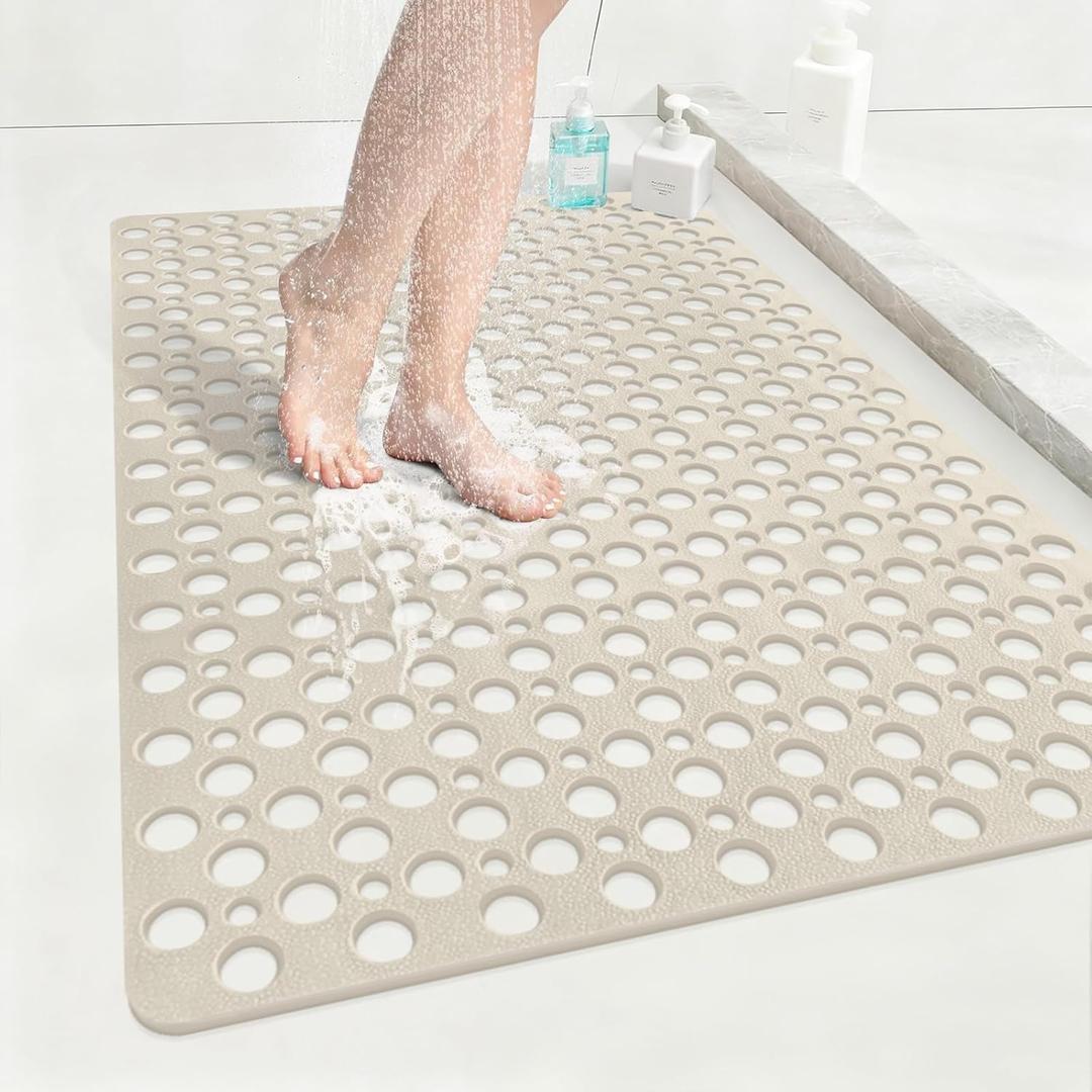 Anti Slip Shower Mat with Suction Cups,23.6x35.4 Inch Quick Drain TPE Non Slip Shower Mats for Inside Shower,Large Bath Mat for Shower Soft on Feet, Easy to Dry&Cut Machine Washable (Khaki)