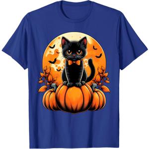 Retro Black Cat Pumpkin Halloween Costume Fall Autumn Season T-Shirt (M, Royal Blue)