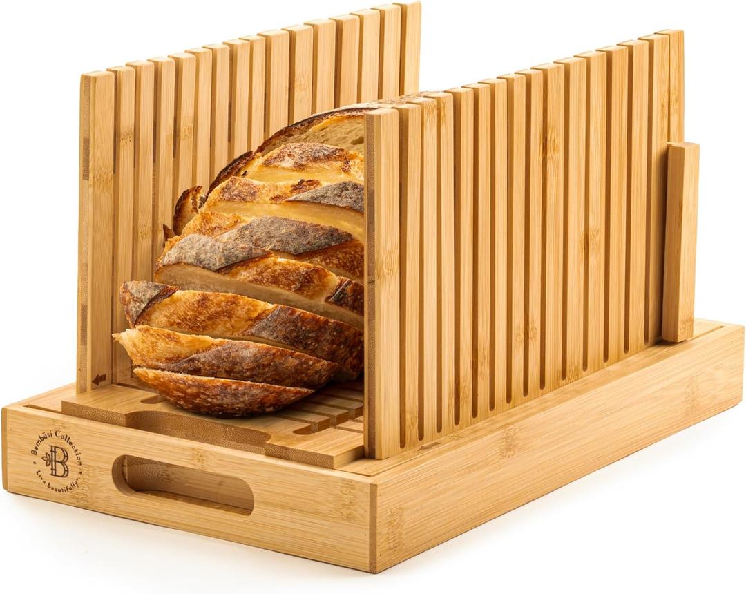 Bread Slicer for Homemade Bread - Bambsi Upgraded Adjustable Bamboo Bread Cutter Board, Foldable Slicing Guide with Crumb Tray for Sourdough, Artisan Loaves, Bagels, Cakes, Bakery Kitchen Gadget Gift