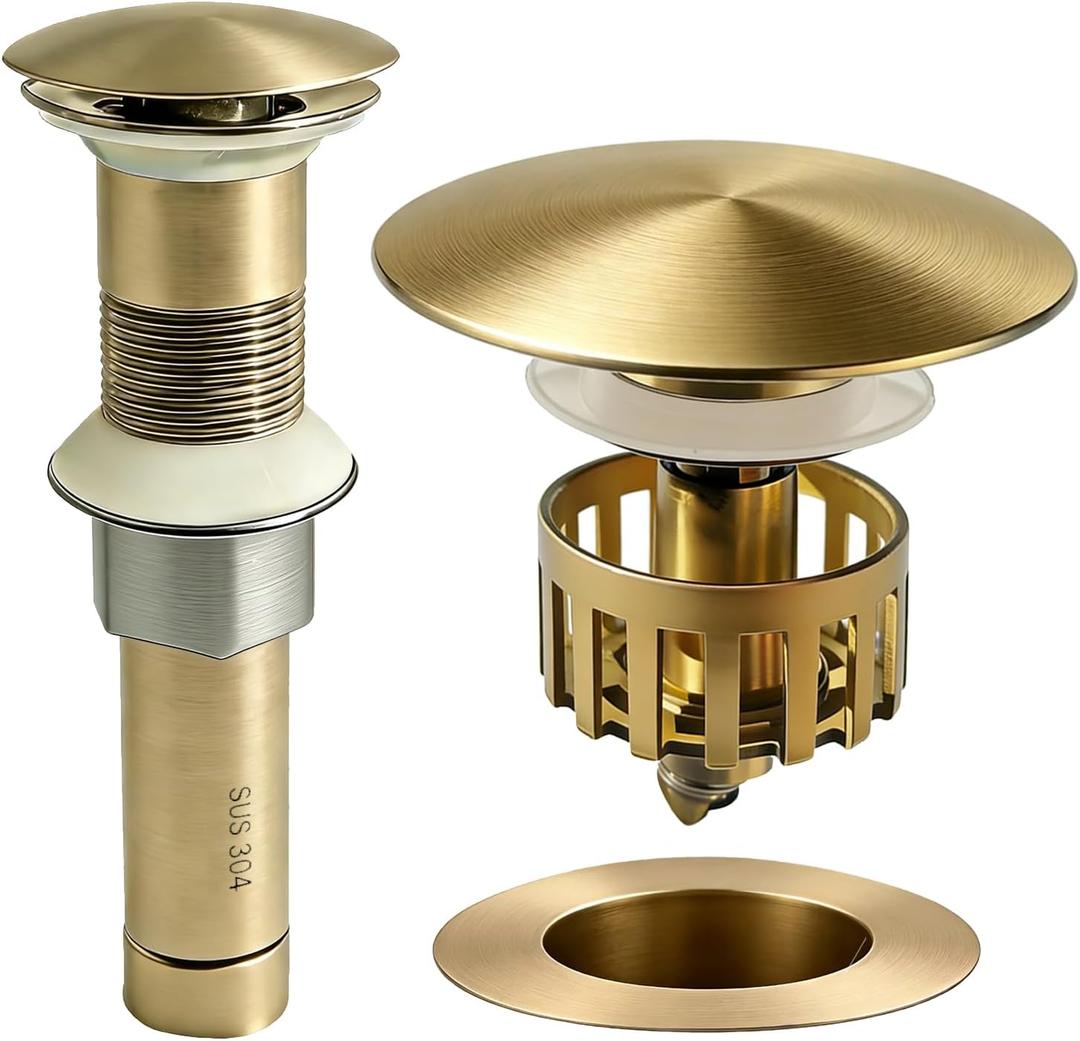 Bathroom Sink Drain, Without Overflow, Pop up Sink Drain Stopper with Strainer Plug for Vessel Sink Lavatory Vanity, SUS 304 Stainless Steel, Brushed Gold
