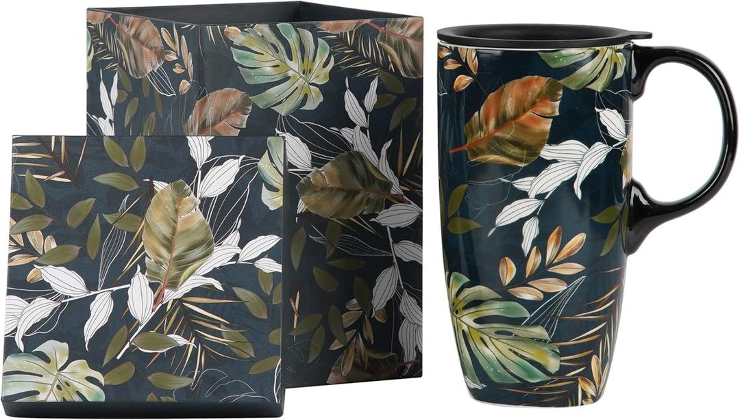 Topadorn Ceramic Coffee Mug Travel Cup with Lid 17oz., Porcelain Tall Tea Cup with Handle for Home & Office, Leaf Art Pattern Mug with Gift Box, 6.5''H (Green)