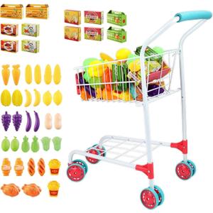 deAO Kids Shopping Cart Trolley with Sturdy Metal Frame for Toddlers 46 PCS Food Fruit Vegetables Pretend Play Food Role Play,Educational Toy Play Kitchen Toys for Boys Girls Kids