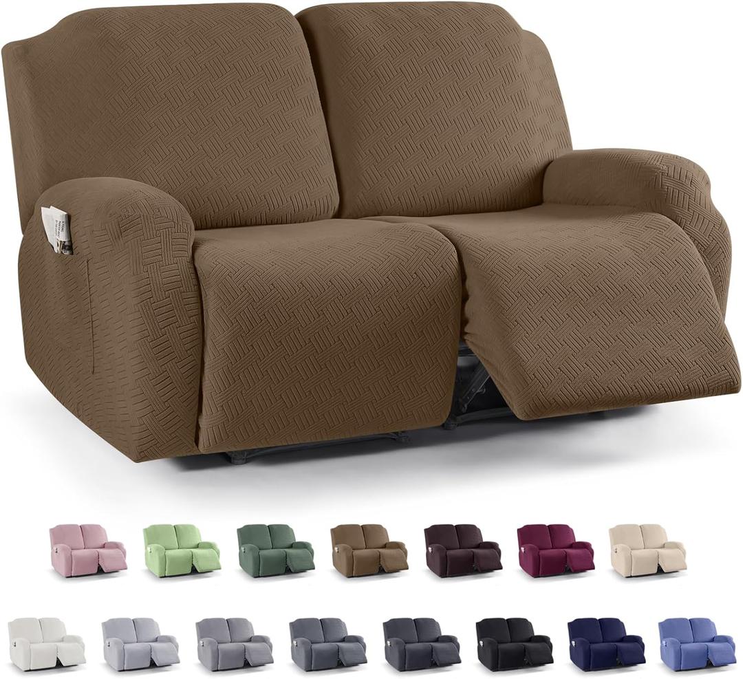 KinCam Recliner Covers, Stretch Reclining Chair Covers, Recliner Sofa Slipcovers Stripe Jacquard Recliner Couch Covers Furniture Protector Covers for Pet Kid (2XL Seater, Light Coffee)