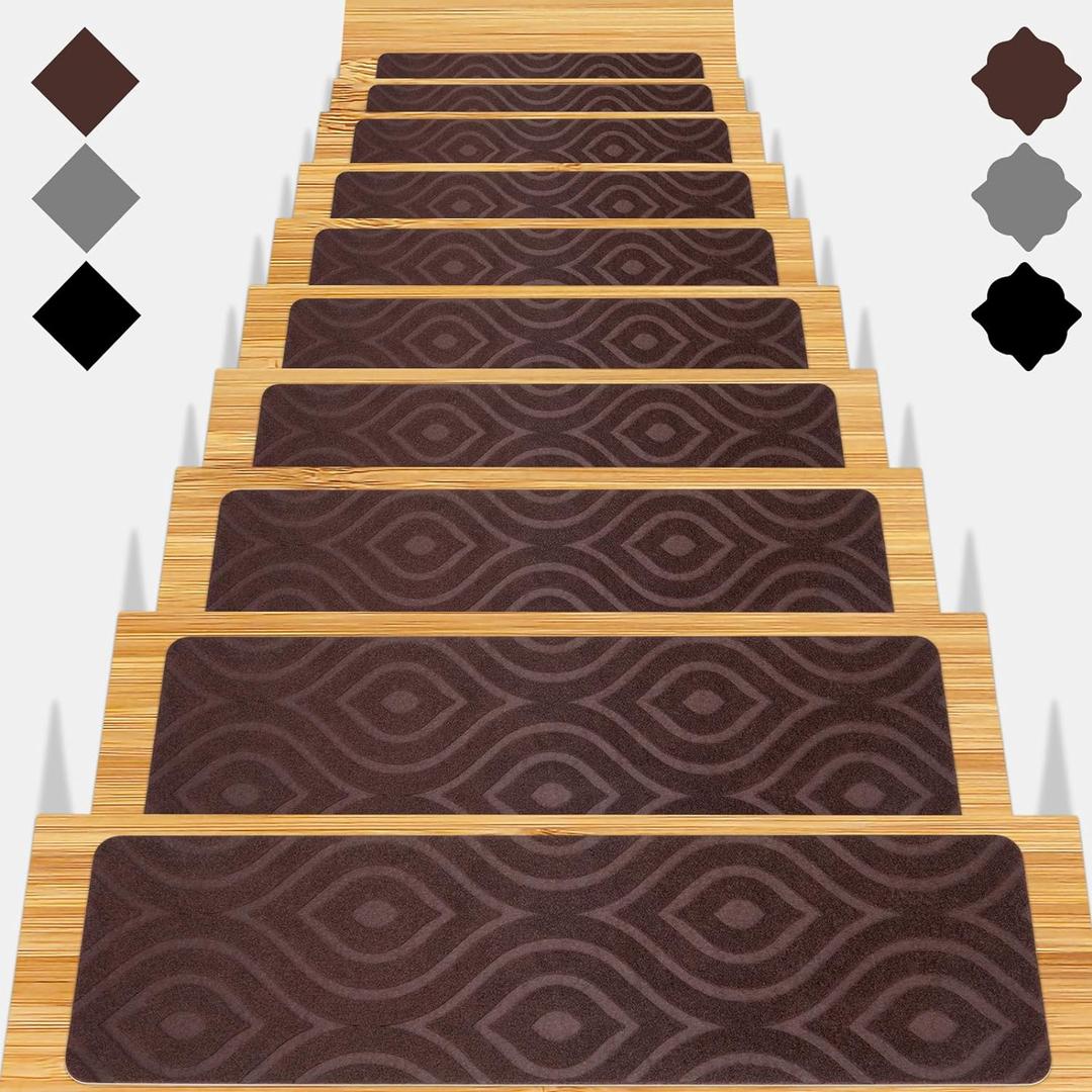 Stair Treads for Wooden Steps 15pcs - 8x30in Carpet Stairs Runner Indoor Non-Slip Stair Mats for Kids Elders and Pets (Foliage Brown)