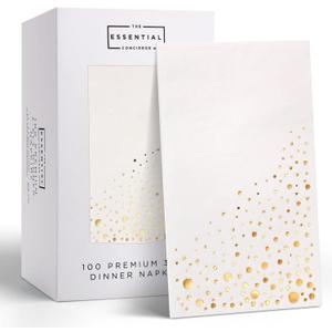 The Essential Concierge 100 Pack Gold & White Disposable Napkins, 7.5 x 4.25 Inch, 3-Ply Paper Napkins for Party, Wedding, or Everyday Use
