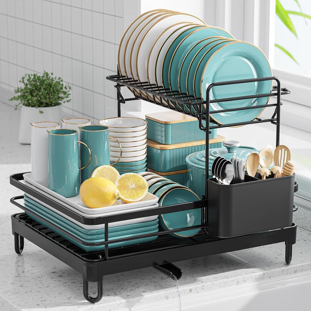 Dish Drying Rack - X-Large Stainless Steel Dish Rack for Kitchen Counter, 2-Tier Kitchen Organizers and Storage for Dishes, Bowls, Cutlery, Black