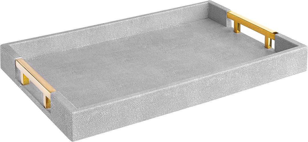 Home Redefined Modern Elegant 17.5"x12" Rectangle Glossy Grey Shagreen Faux Leather Decorative Tray Ottoman Coffee Table Perfume Kitchen Display Perfume Serving Tray with Gold Polished Metal Handles.