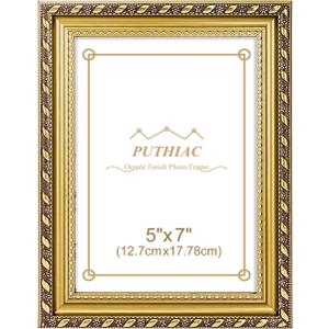 puthiac 5x7 Gold Picture Frame  Ornate Vintage Baroque Photo Frame with Shatterproof Acrylic, Wall & Tabletop, Vertical/Horizontal, Antique Gold Gallery Decor